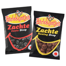 Harlekijntjes zachte zoete,
honing- of mildzoute drop